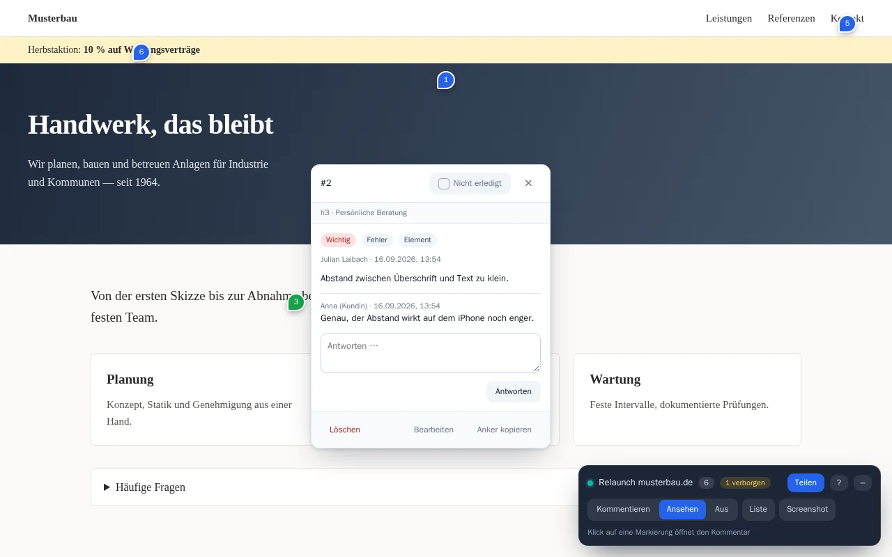 Kommentar-Thread von markable auf einer Beispiel-Website mit nummerierten Markern