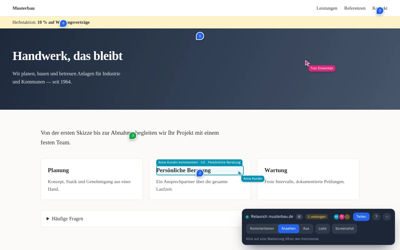 Live-Cursor und Auswahlrahmen mehrerer Personen auf einer Beispiel-Website