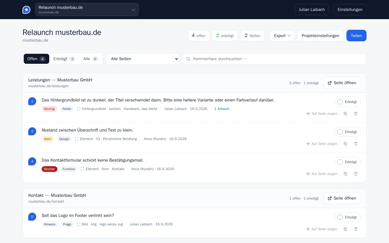 Übersicht aller Kommentare eines Projekts, gruppiert nach Seiten