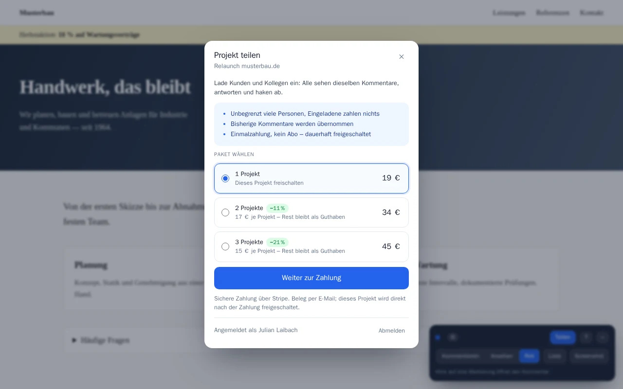 Dialog zum Teilen eines Projekts mit Paketauswahl
